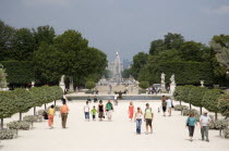 Tourists in the Jardin des Tuileries with the Obelisk and the Arc de Triomphe in the distance beyond the fountainFrench Western Europe European