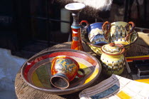 Traditional Bulgarian pottery on display outside gift and craft shop.Store TravelTourismHolidayVacationAdventureExploreRecreationLeisureSightseeingTouristAttractionTourBanskoBulgariaBul...