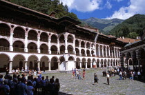 Monastic cells  balconies and courtyard  Rila Monastery.TravelTourismHolidayVacationExploreRecreationLeisureSightseeingTouristAttractionTourHistoryHistoricHistoricalNativityChurchRel...