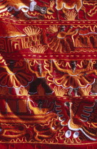 Colourful patterned embroidered cloth in the market  Ollantaytambo  Sacred Valley of the Incas.Colorful Cuzco Pisaq TravelTourismHolidayVacationRecreationLeisureOllantaytamboOllantaitamboCusc...
