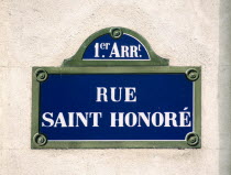 Street sign on a wall for Rue Saint Honore in the Premier ArrondissementEuropean French Western Europe