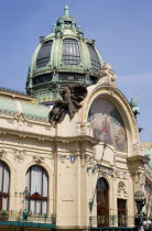 The Art Nouveau Municipal House entrance in The Old Town with the mosaic by Karel Spillar titled Homage To Prague under the Hall domePraha Ceska Eastern Europe European