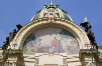 The Art Nouveau Municipal House entrance in The Old Town with the mosaic by Karel Spillar titled Homage To Prague under the Hall domePraha Ceska Eastern Europe European