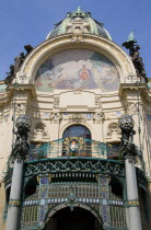 The Art Nouveau Municipal House entrance in The Old Town with the mosaic by Karel Spillar titled Homage To Prague under the Hall domePraha Ceska Eastern Europe European