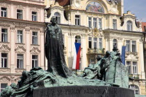 The monument to the religious reformer and Czech hero Jan Hus by Ladislav Saloun in the Old Town Square in front of the 1898 Art Nouveau Ministry of Local Development by Architect Oswald PolivkaPraha...