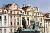 The monument to the religious reformer and Czech hero Jan Hus by Ladislav Saloun in the Old Town Square in front of the 1898 Art Nouveau Ministry of Local Development by Architect Oswald PolivkaPraha...