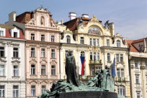The monument to the religious reformer and Czech hero Jan Hus by Ladislav Saloun in the Old Town Square in front of the 1898 Art Nouveau Ministry of Local Development by Architect Oswald PolivkaPraha...