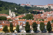 The embankment on the Vltava River with houses and spires of churches in the Little Quarter behind and up the hilPraha Ceska Eastern Europe European Religion