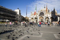 Tourists in the Piazza San Marco feeding pigeons with the Basilica of St Mark at the far end of the square