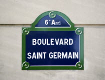 Street sign for Boulevard Saint Germain on a wall in the Sixth ArrondissmentEuropean French Western Europe