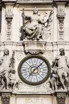 The central clock tower on the facade of the Hotel de Ville or Town Hall inscribed with the word Egalite - EqualityEuropean French Western Europe