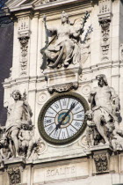 The central clock tower on the facade of the Hotel de Ville or Town Hall inscribed with the word Egalite - EqualityEuropean French Western Europe