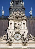 The central clock tower on the facade of the Hotel de Ville or Town Hall inscribed with the three slogan of the Revolution  Liberte  Egalite  Fraternite - Liberty  Equality  Friendship European Frenc...
