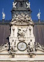 The central clock tower on the facade of the Hotel de Ville or Town Hall inscribed with the three slogan of the Revolution  Liberte  Egalite  Fraternite - Liberty  Equality  Friendship European Frenc...