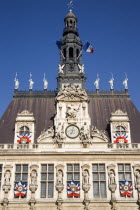 The central clock tower on the facade of the Hotel de Ville or Town HallEuropean French Western Europe