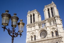 Lamppost in the Place du Parvis Notre Dame in front of the Gothic medieval Notre Dame Cathedral on Ile De La CiteEuropean French Religion Western Europe