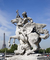 Ornate equestrian statue in the Place de la Concorde with the Eiffel Tower in the distanceEuropean French Western Europe