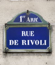 Road sign on a wall for the Rue de Rivloi in the Premier ArrondissementEuropean French Western Europe
