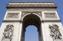 Facade of the Arc de Triomphe in Place Charles de Gaulle High-relief by J P Cortot depicting Napoleons triumph at the 1810 Treaty of Vienna peace agreement on the bottom left  and the Departure of The...