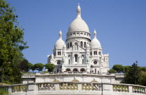 Montmartre The Facade of the church of Sacre Couer with tourists by the ballistrade at the front looking over ParisEuropean French Religion Western Europe