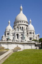 Montmartre The Facade of the church of Sacre Couer with tourists by the ballistrade at the front looking over ParisEuropean French Religion Western Europe