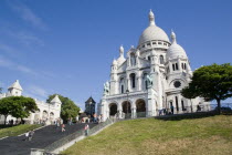 Montmartre Steps with tourists leading up to the front of the church of Sacre CouerEuropean French Religion Western Europe