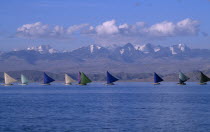 Isla Suriqui.  Boats with coloured sails taking part in sailing regatta with mountain backdrop.