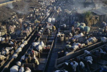 View over busy workers in open air laundrydhobi Asia Asian Bharat Inde Indian Intiya  dhobi Asia Asian Bharat Inde Indian Intiya