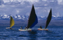 Isla Suriqui.  Annual sailing regatta by local fishermen.American Bolivian South America Hispanic Latin America Latino American Bolivian South America Hispanic Latin America Latino