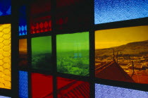 Rambo House.  House once rented by the french poet Arthur Rimbaud.  Detail of stained glass window.Eastern Africa Ethiopian African Eastern Africa Ethiopian African