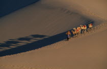 Silk Route. View looking down at man leading camels along ridge of sand duneAsia Asian Chinese Chungkuo Jhonggu Zhonggu  Asia Asian Chinese Chungkuo Jhonggu Zhonggu