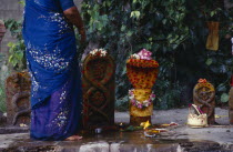 Devarajaswami Hindu temple.  Cropped shot of woman and offerings Asia Asian Bharat Inde Indian Intiya Religion Religion Religious Hinduism Hindus Asia Asian Bharat Inde Indian Intiya Religion Religi...
