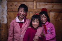 Portrait of three Tibetan girls.Asia Asian Chinese Chungkuo Jhonggu Kids Zhonggu  Asia Asian Chinese Chungkuo Jhonggu Kids Zhonggu