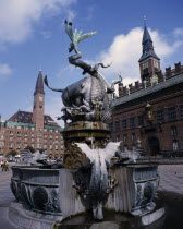 City Hall and Fountain with statue of bull slaying a serpent in the foregroundDanish Danmark Northern Europe Scandinavia