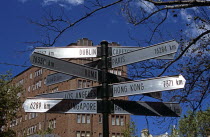 Country and city destination distance sign beside El Alamein Fountain  near Kings Cross.TravelTourismHolidayVacationExploreRecreationLeisureSightseeingTouristAttractionTourKingsKingsCros...