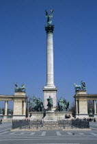 Millennium Monument  including Hoseink Emlekere plinth  Heroes Square.TravelTourismHolidayVacationExploreRecreationLeisureSightseeingTouristAttractionTourDestinationMillenniumMonumentHeroesHeroesHeroSquareBudapestHungaryHungarianEastEasternCentralEuropeEuropeanUnionEUMagyarBudaPestBlueSkyCityCapitalCultureCulturalArchitectureArchitecturalLandmarkMagnificentImpressivePicturesqueTranquilityTranquilVividVibrantHistoryHistoricHistoricalSculptureStatueStatuesColumnCommemorateCommemorationTributeHonourHonorVerticalHighTallStonemasonryMemorialMemoryDominantDominatingProminentPillarHorseHorsesEquineEquestrianEquuscaballusDramaticConvergeConvergingConvergentLegendLegendaryTribalChiefsChieftainsSoldierHorsebackVacation Eastern Europe European Union Indigenous Indegent