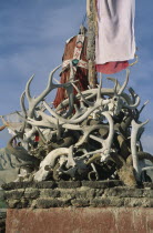 Shrine of goat skulls and antlers protecting the palace of the king from demons and evil spirits.Asia Asian Nepalese Religion Religious