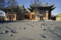 Gandan Hiid Buddhist monastery exterior facade with pigeons in courtyard in foreground.Ulaanbaatar Ulan Bator Asia Asian Baator Mongol Uls Mongolian Religion Religion Religious Buddhism Buddhists Ula...