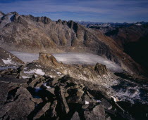Glacier seen from Nagelisgratli path. Snow covered Galenstock 3584metres  11744ft  and Fukahorn Ridge beyondEuropean Schweiz Suisse Svizzera Swiss Western Europe Wallis Polynesia Scenic Valais Many I...