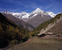 Storage Barns high above Mattertal Weisshorn Mountain 14757ft    on west skylineEuropean Schweiz Suisse Svizzera Swiss Western Europe Wallis Polynesia Scenic Valais Many Islands Pacific Islands Polyn...