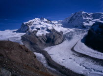 Snow covered mountains left to right  Dufourspitze 4545metres   14885 ft    Liskam 4479metres   14668 ft   Grenz Glacier right centreEuropean Schweiz Suisse Svizzera Swiss Western Europe Center Walli...