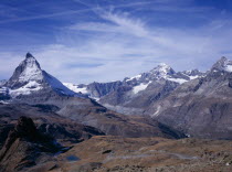 View from Gornergrat towards snow capped mountains left to right  Matterhorn 4478 metres   14665 ft  Dent Blanche 4357 metres   14269 ft  Obergabelhorn 4063 metres   13306 ft  European Schweiz Suisse...