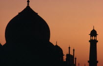 Taj Mahal minarets silhouetted at duskAsia Bharat Inde Indian Intiya Religion Asian Religious