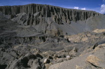 Barren landscape with eroded cliffs creating organ pipe effect.Asia Asian Nepalese Scenic