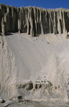 Eroded cliffs creating organ pipe effect.Asia Asian Nepalese Scenic