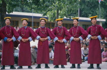 Tibetans in traditional costume celebrating the birthday of the Dalai Lama.Asia Asian Bharat Classic Classical Historical Inde Indian Intiya Older Religious History Religion