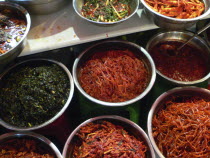 Namdaemun - Namdaemun market  stainless steel bowls full of kimchi for saleAsia Asian Classic Classical Daehanminguk Hanguk Historical Korean Older Tradition History