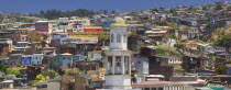 The steeple of Iglesia Matriz with typical Valparaiso housing rising behind.SteepHolidaysTravelTourismLatin AmericaChileValparaisoUNESCO World Heritage SiteSouth AmericaColourHaphazardJumb...