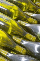 Bottles of white wine ready for labelling.Latin AmericaTravelChileSouth AmericaGreenValle del MaipoWinePatternGlassWineryAmerican Chilean Hispanic Latino