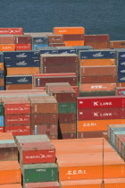 Containers stacked in the port.Chilean Hispanic Latin America Latino South America American